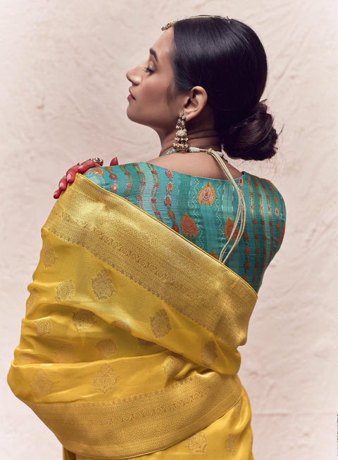 Yellow Woven Crepe Dola Silk Saree With Tassels