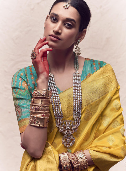 Yellow Woven Crepe Dola Silk Saree With Tassels