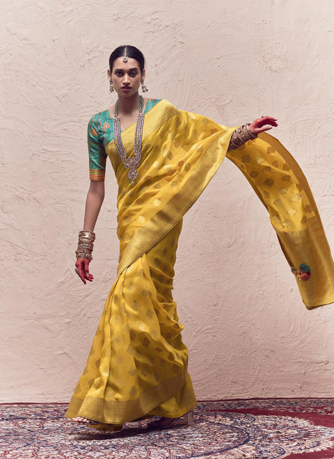 Yellow Woven Crepe Dola Silk Saree With Tassels