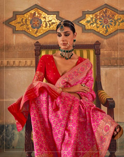 Pink Woven Banarasi Silk Saree With Tassels