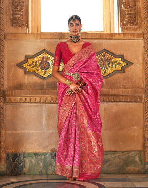 Pink Woven Banarasi Silk Saree With Tassels