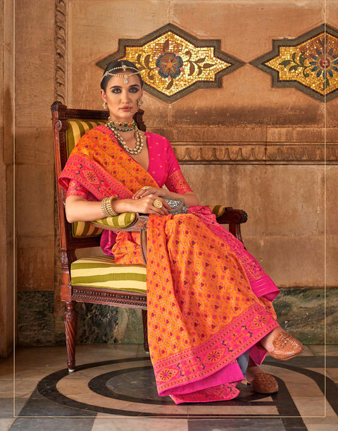 Orange Woven Banarasi Silk Saree With Tassels