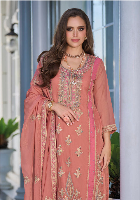 Peach Embroidered Organza Partywear Suit