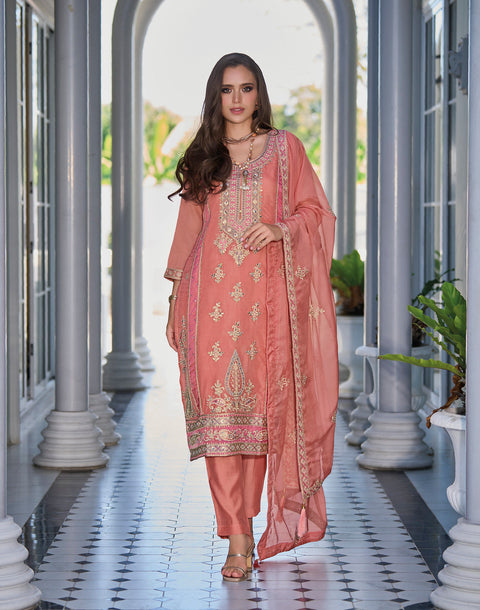 Peach Embroidered Organza Partywear Suit
