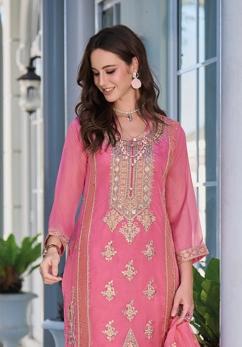 Pink Embroidered Organza Partywear Suit