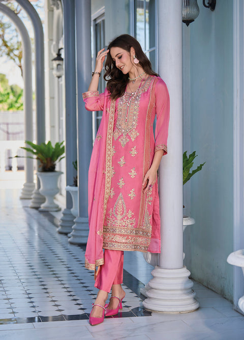 Pink Embroidered Organza Partywear Suit