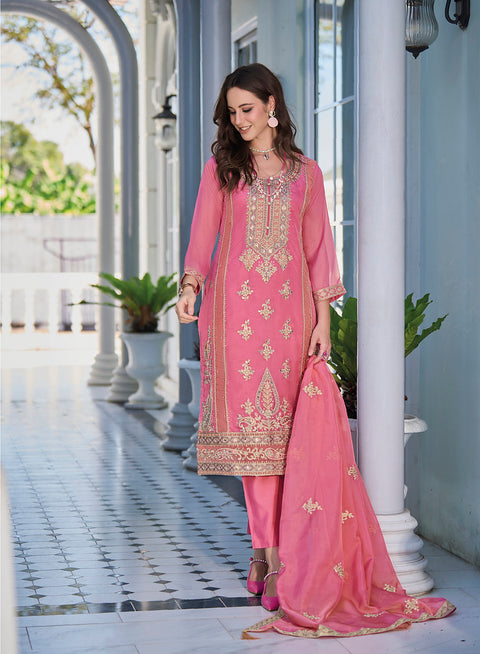 Pink Embroidered Organza Partywear Suit