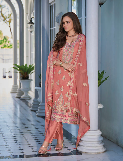 Peach Embroidered Organza Partywear Suit