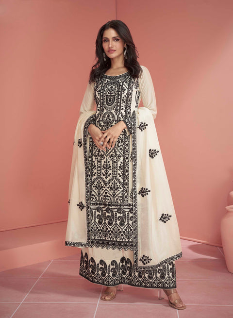 Off White Floral Embroidered Premium Silk Pakistani Suit