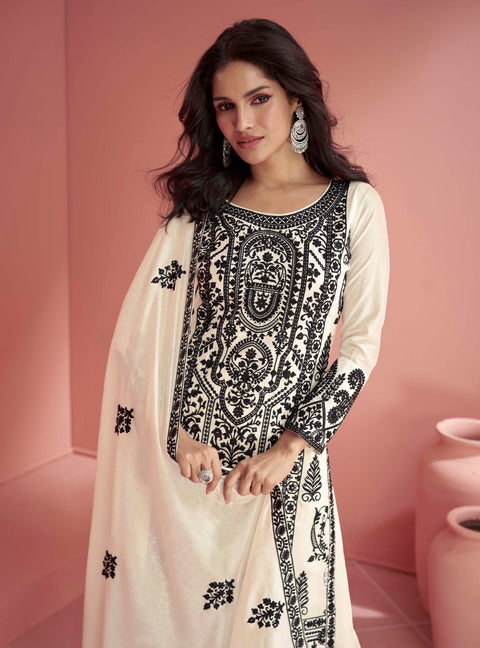 Off White Floral Embroidered Premium Silk Pakistani Suit