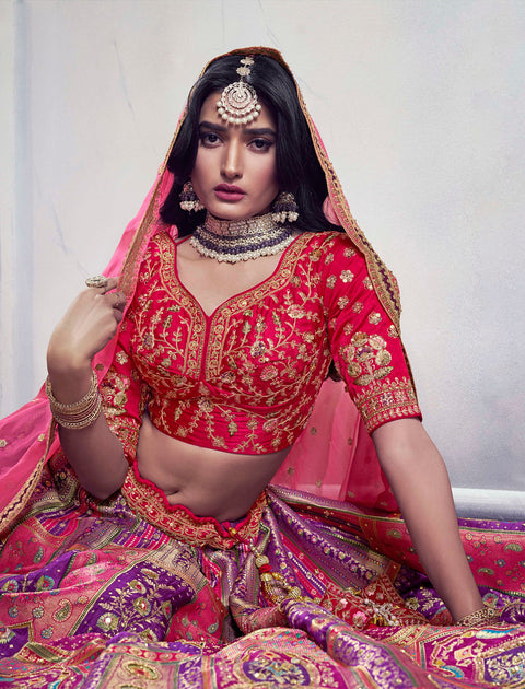 Purple Art Silk Banarasi Stone Work Wedding Wear Lehenga Choli