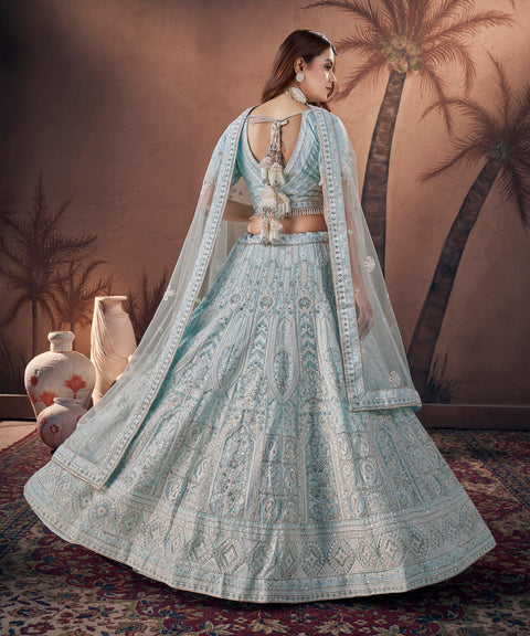 Georgette Sky Blue Heavy Handwork Bridal Lehenga Choli