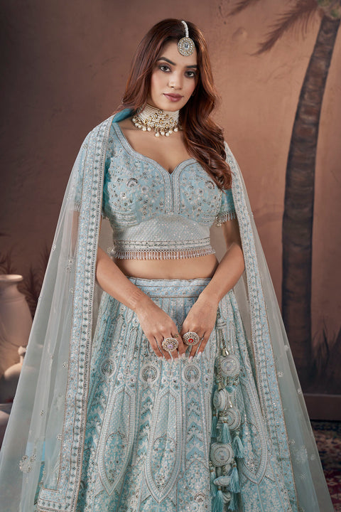 Georgette Sky Blue Heavy Handwork Bridal Lehenga Choli