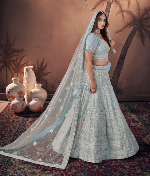 Georgette Sky Blue Heavy Handwork Bridal Lehenga Choli