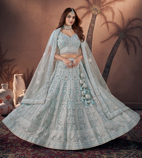 Georgette Sky Blue Heavy Handwork Bridal Lehenga Choli