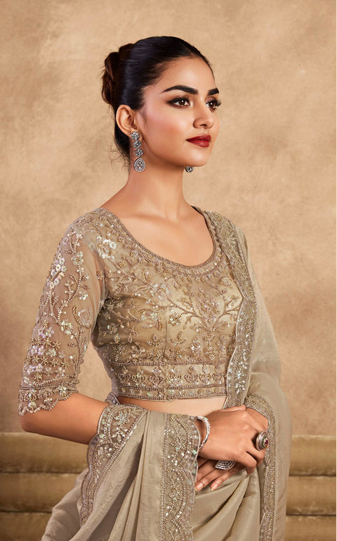 Golden Silk Saree With Embroidered Border