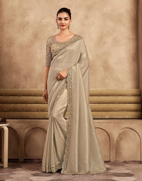 Golden Silk Saree With Embroidered Border