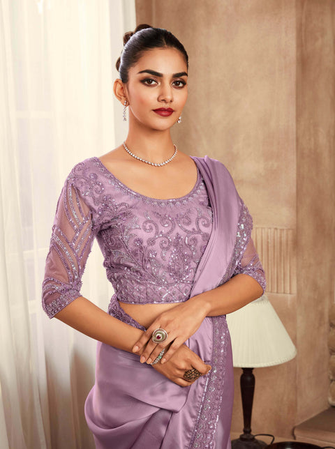 Lilac Satin Silk Saree With Embroidered Border