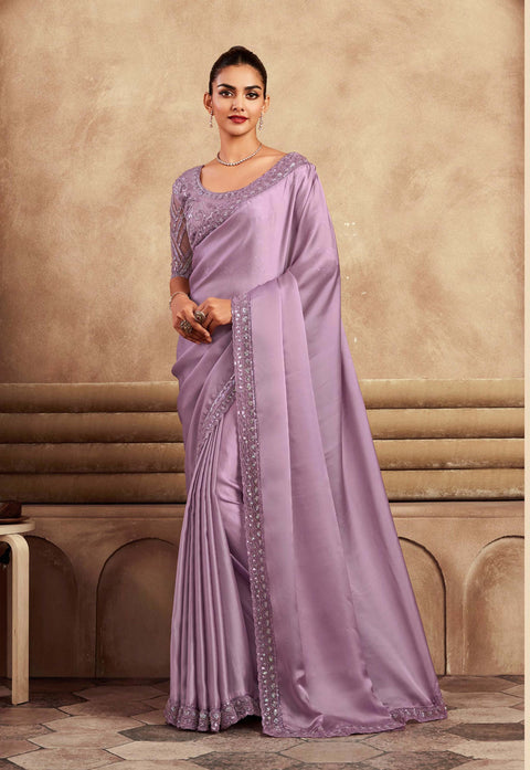 Lilac Satin Silk Saree With Embroidered Border