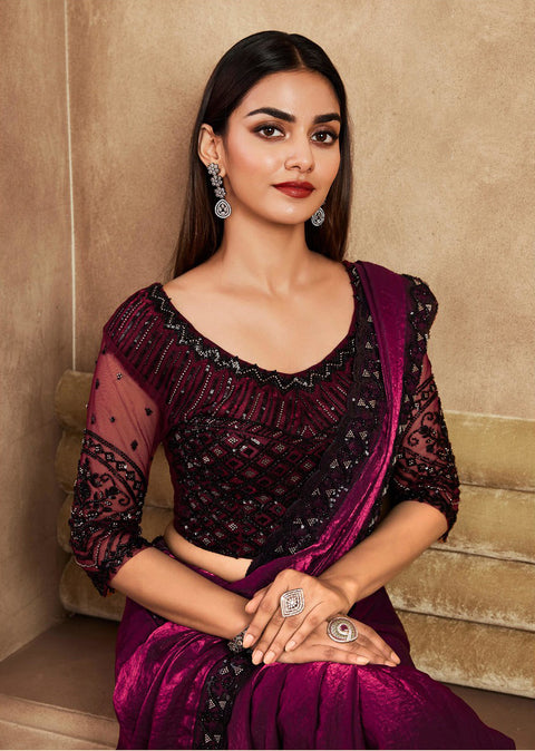 Purple Silk Saree With Embroidered Border