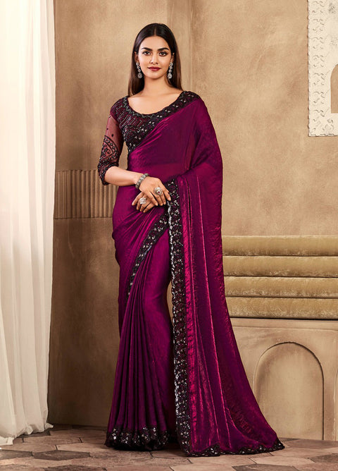 Purple Silk Saree With Embroidered Border
