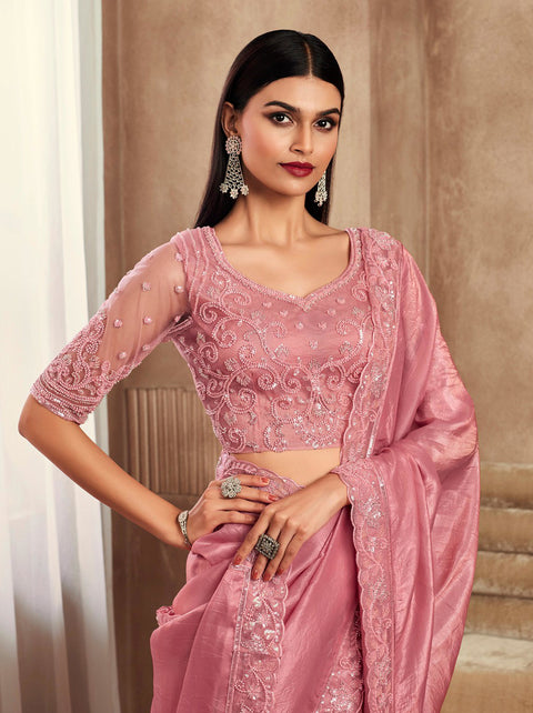 Pink Silk Saree With Embroidered Border