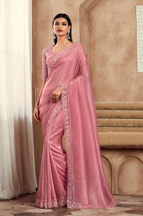 Pink Silk Saree With Embroidered Border