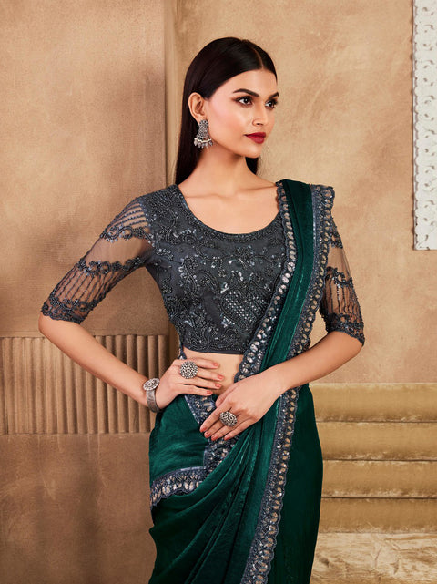 Green Silk Saree With Embroidered Border