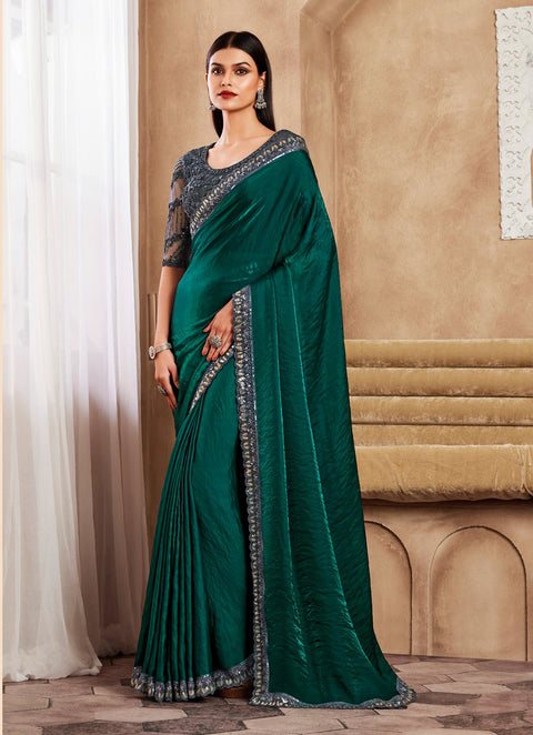 Green Silk Saree With Embroidered Border