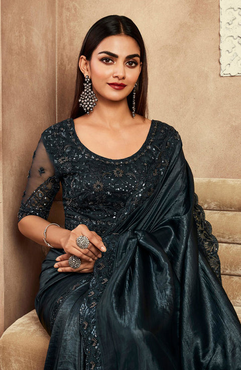 Grey Silk Saree With Embroidered Border