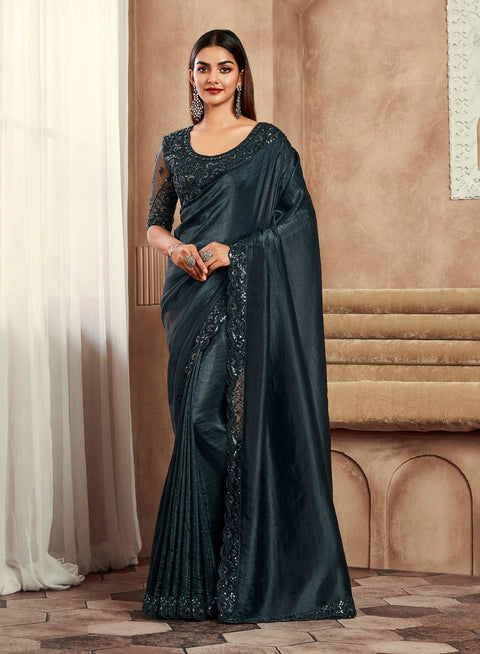 Grey Silk Saree With Embroidered Border