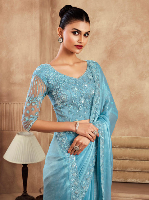 Sky Blue Silk Saree With Embroidered Border