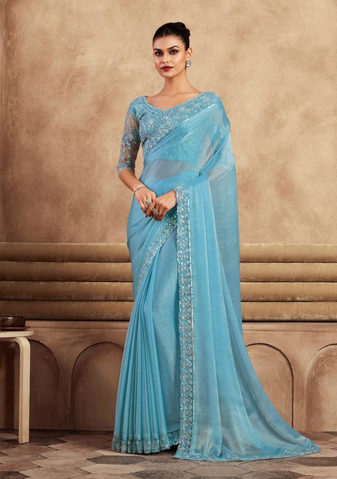 Sky Blue Silk Saree With Embroidered Border