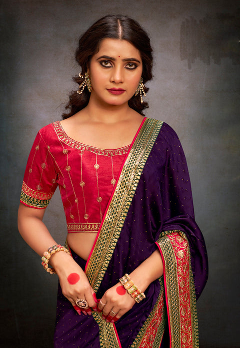 Deep Wine Soft Satin Silk Swarovski Work  Saree