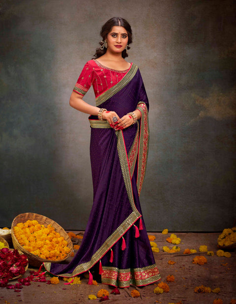 Deep Wine Soft Satin Silk Swarovski Work  Saree