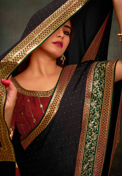 Dazzle Black Soft Satin Silk Swarovski Work Saree