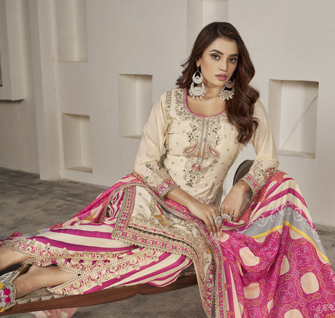 Off White Mirror Embroidered Chinon Dhoti Salwar Suit