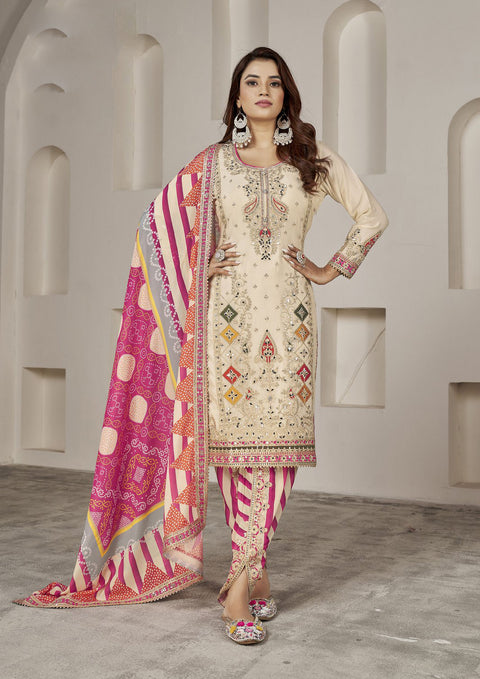 Off White Mirror Embroidered Chinon Dhoti Salwar Suit