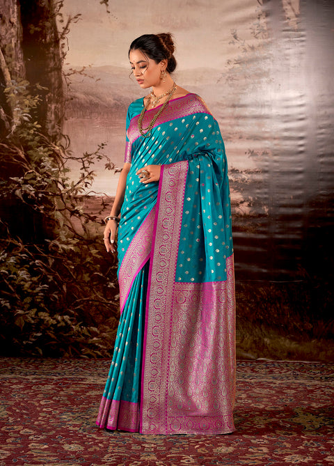 Teal Blue Woven Banarasi Silk Saree