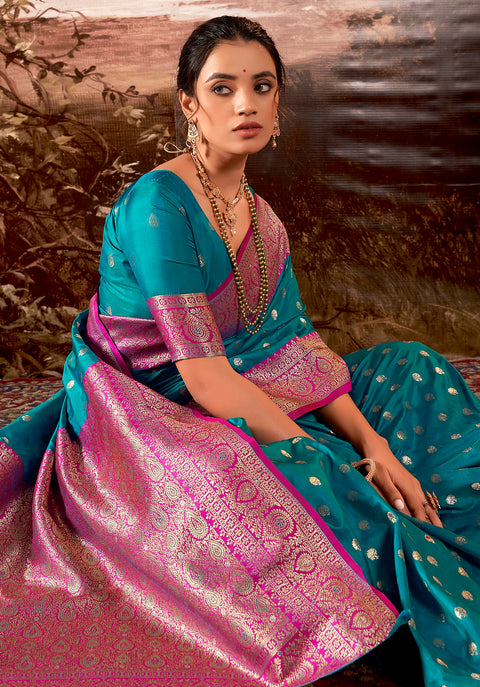 Teal Blue Woven Banarasi Silk Saree