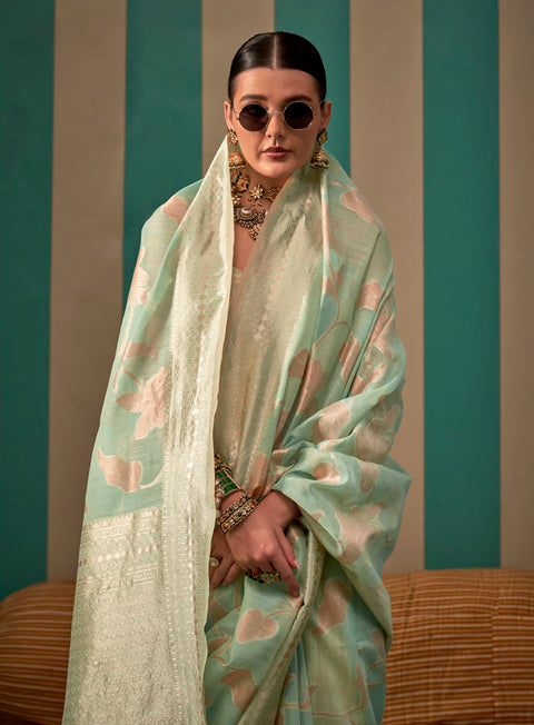 Pastel Green Woven Linen Banarasi Silk Saree