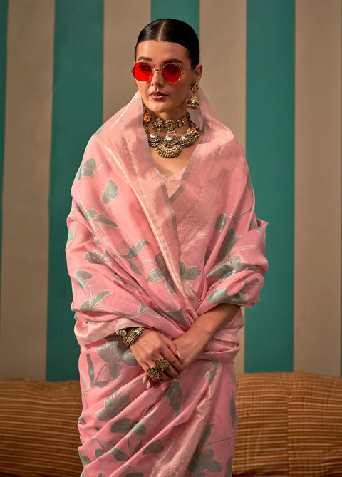 Pink Woven Linen Banarasi Silk Saree