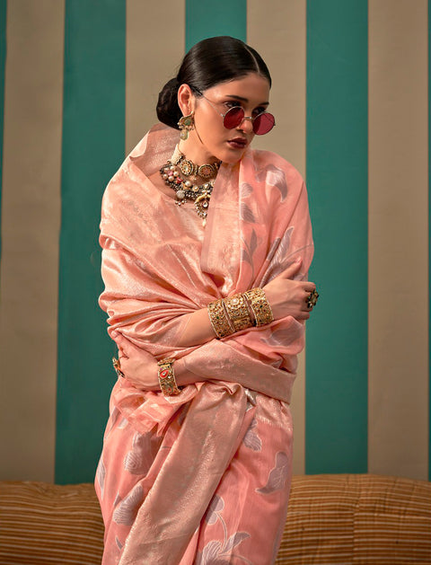 Peach Woven Linen Banarasi Silk Saree