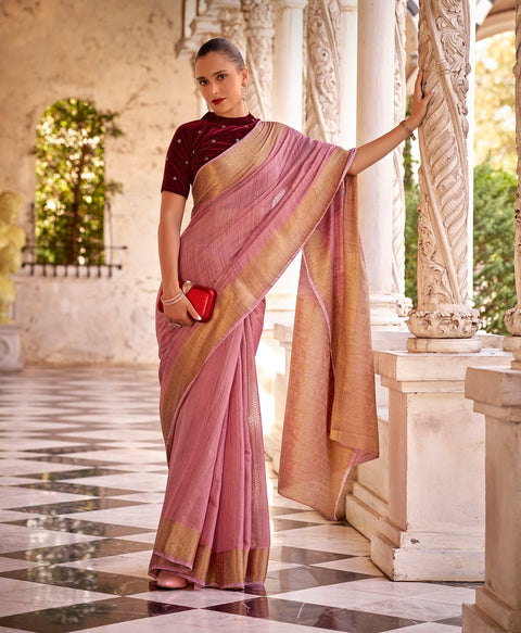 Blush Pink Woven Linen Silk Saree