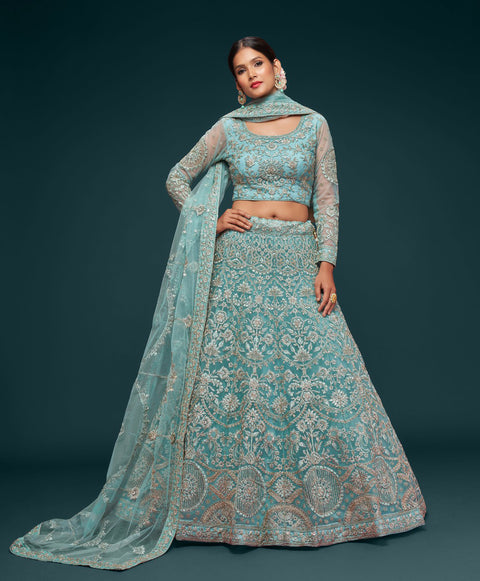 Ocean Aqua  Festive Lehenga Choli Set In Soft Net With Zari And Thread Work