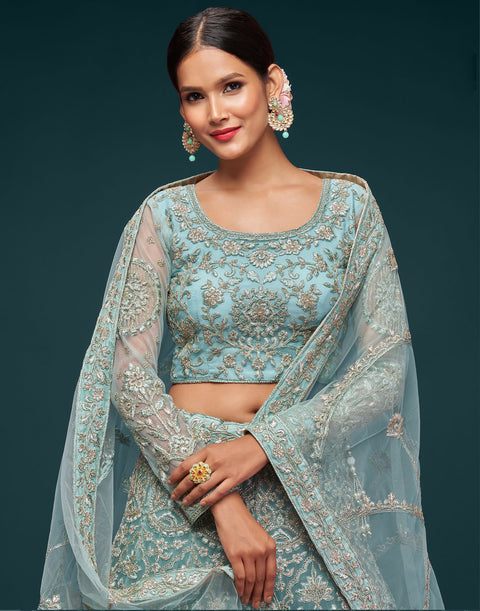 Ocean Aqua  Festive Lehenga Choli Set In Soft Net With Zari And Thread Work