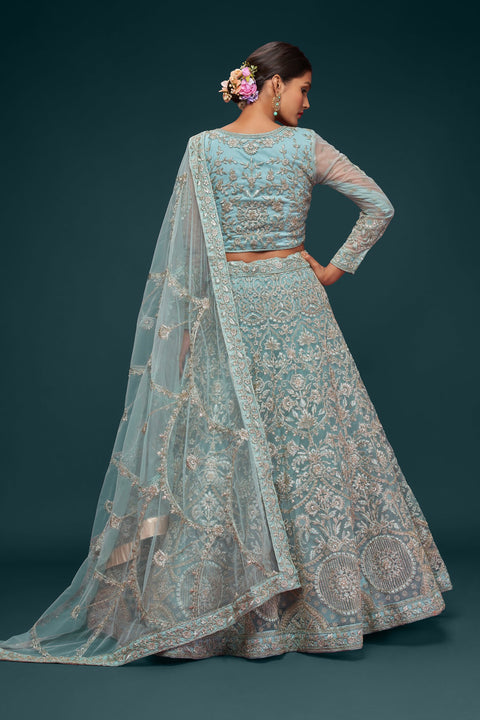 Ocean Aqua  Festive Lehenga Choli Set In Soft Net With Zari And Thread Work
