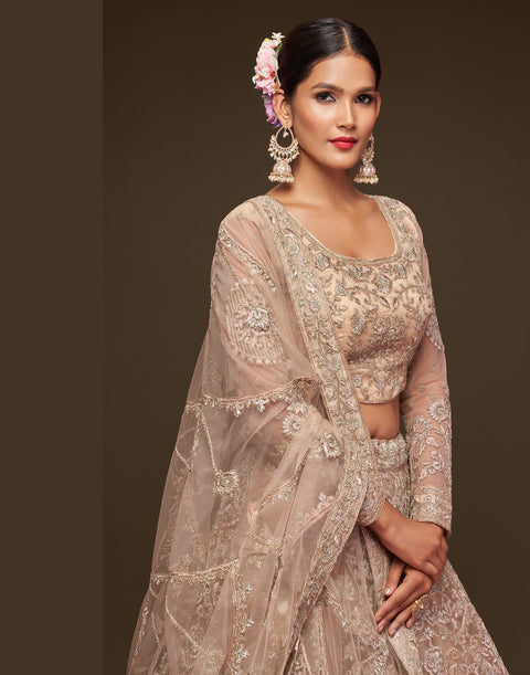 Royal Beige Festive Lehenga Choli Set In Soft Net With Zari And Thread Work
