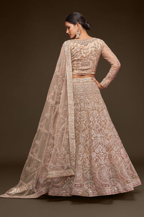 Royal Beige Festive Lehenga Choli Set In Soft Net With Zari And Thread Work