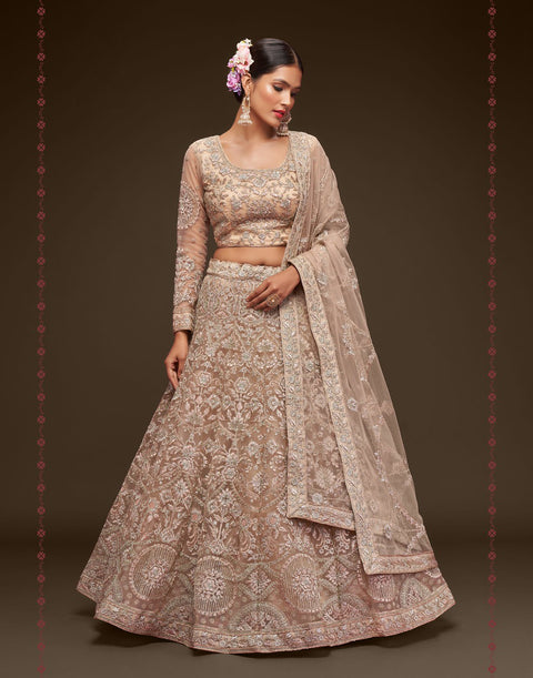 Royal Beige Festive Lehenga Choli Set In Soft Net With Zari And Thread Work